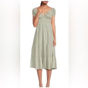 WeWoreWhat Small Cotton Poplin Sage Green Puff Sleeve Smocked Tiered Midi Dress